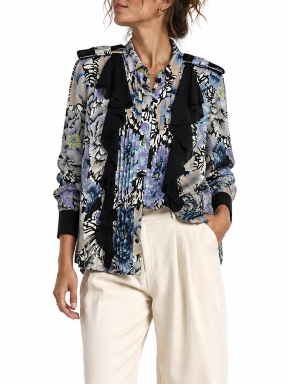 Coach Kaffe Fassett Floral Ruffle Blouse Pleated Bib Button Front Top - Picture 15 of 15